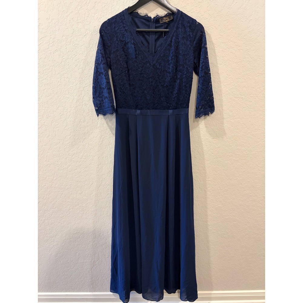 Missmay Navy Blue Lace V-Neck Maxi Dress 3/4 Sleeve Formal Evening Gown Y3878 M
